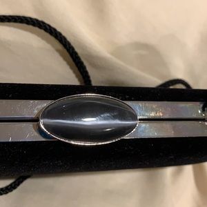 Kate Landry black velvet hinge clutch shoulder evening bag strap cat eye clasp